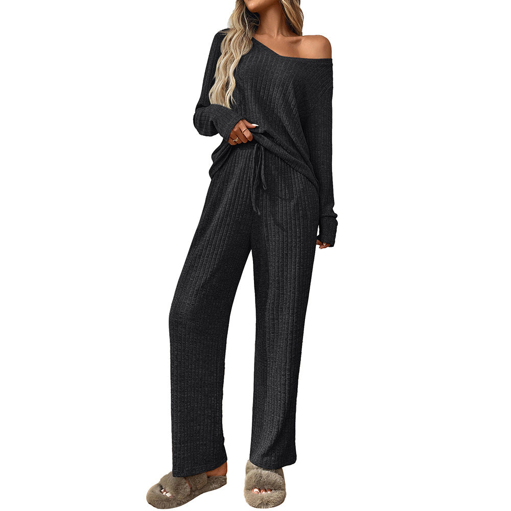 Women Clothing Sunken Stripe Pajamas round Neck Long Sleeve Trousers Home Wear Set