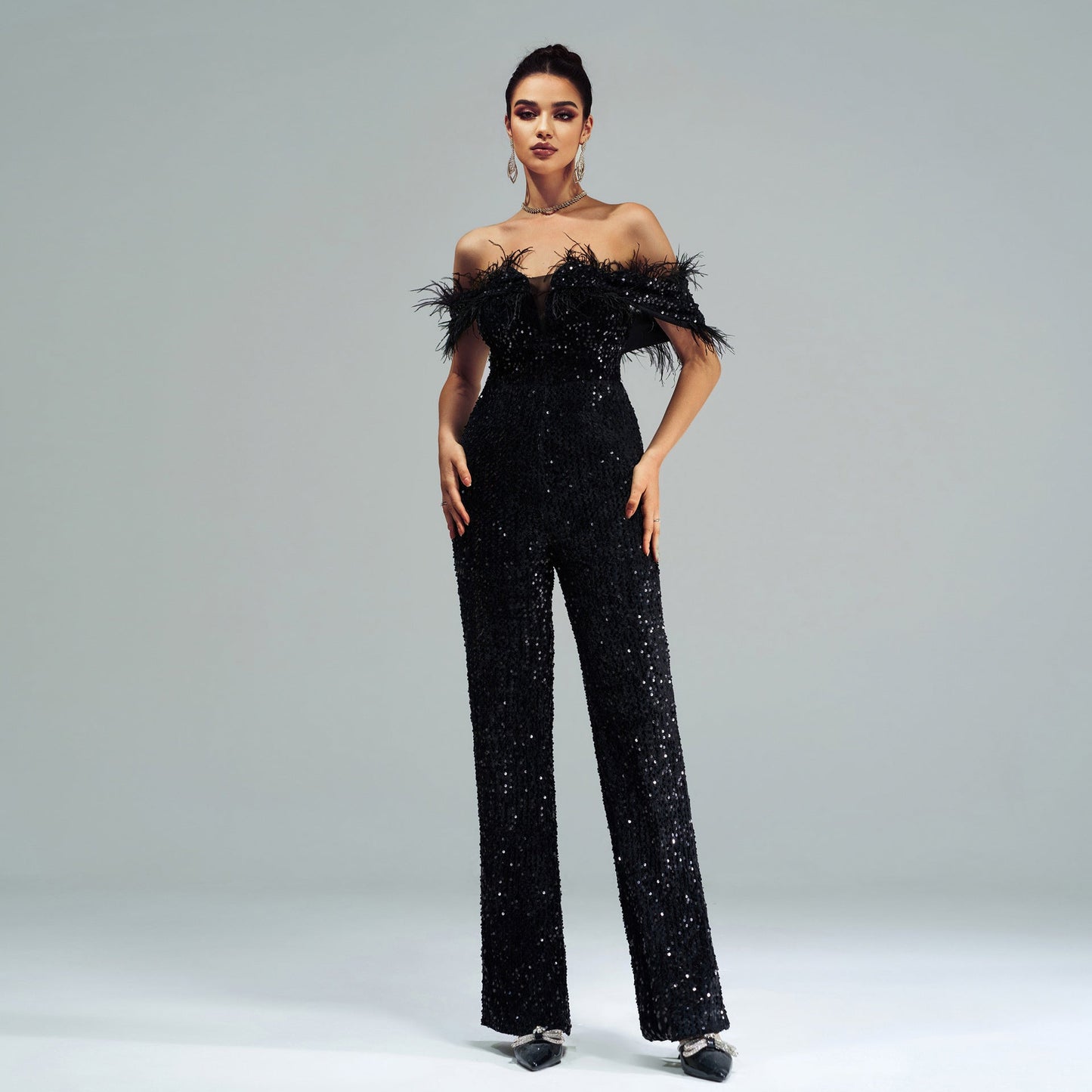 Women Clothing High End Sexy Long off Neck Sequined Cocktail Jumpsuit Evening Dress Bridesmaid Dress