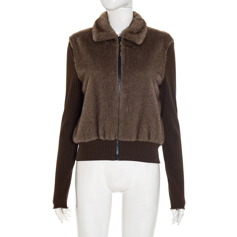 Autumn Winter Elegant Stitching Collared Zipper Thermal Furry Coat