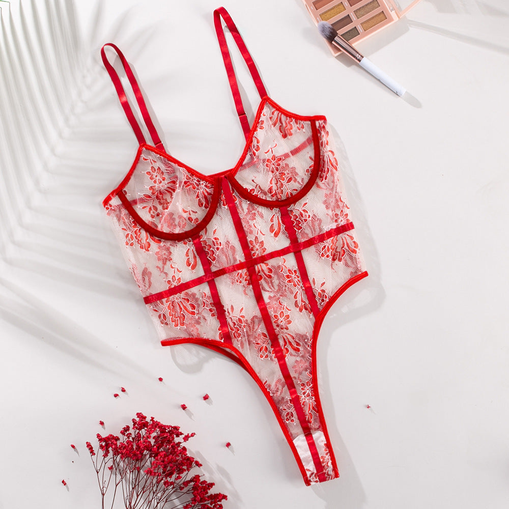 Embroidery Mesh See-through Sexy Underwear Jumpsuit
