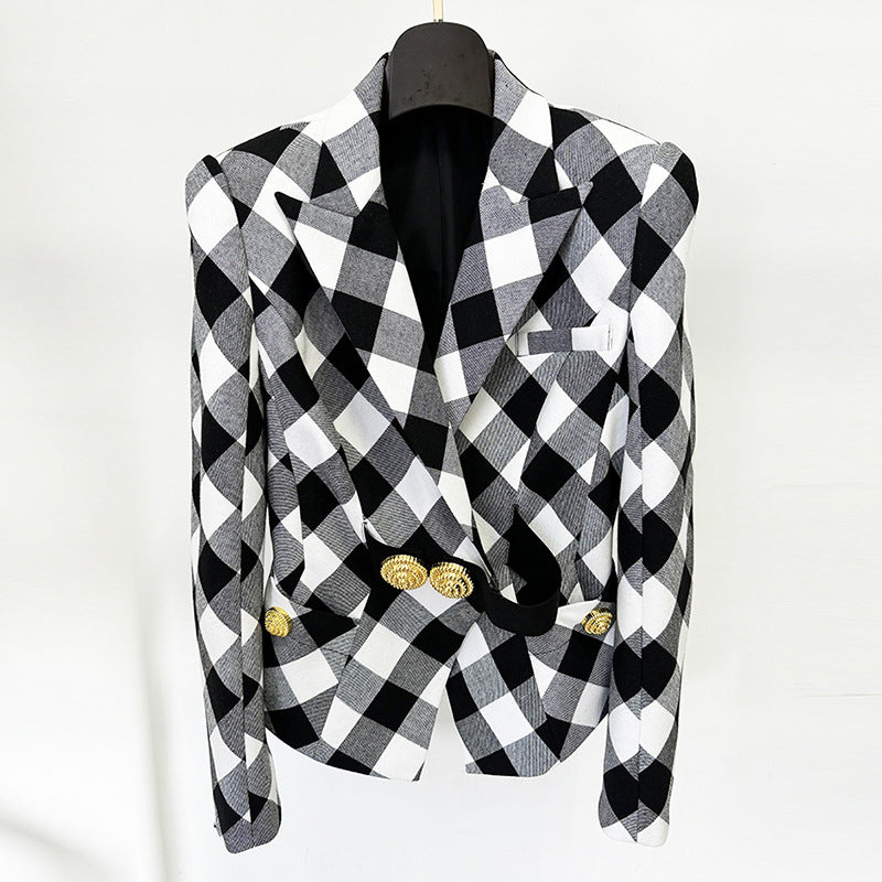 Spring Star Big Metal Buckle Black White Plaid Slim Fit Blazer Jacket