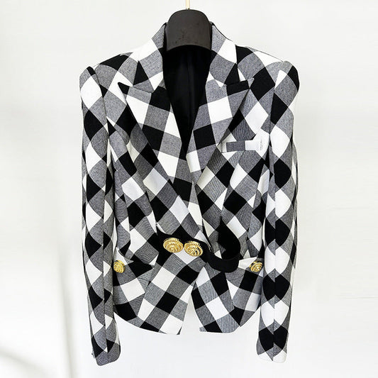 Spring Star Big Metal Buckle Black White Plaid Slim Fit Blazer Jacket