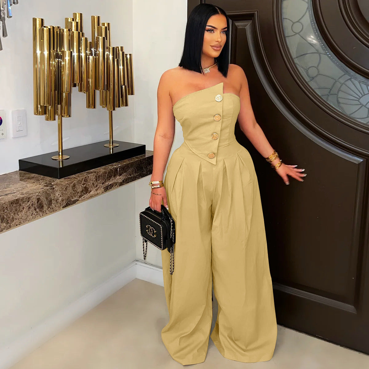 Women Wear Sexy Tube Top Sleeveless Metal Button Wide Leg Jumpsuit