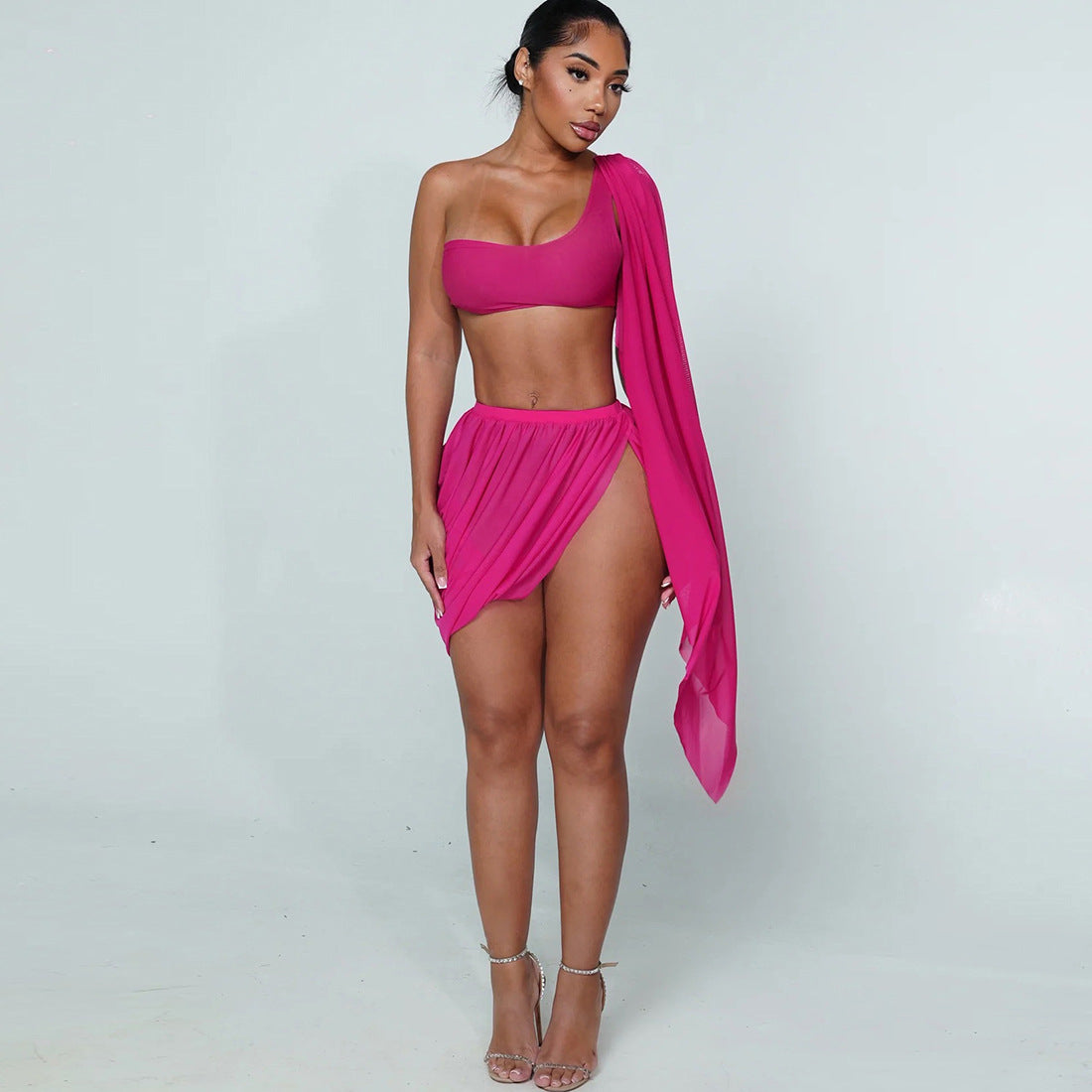 Fall Women Clothing Mesh Sexy Unilateral Long Sleeves Cropped Top Fold Split Skirt Outfit