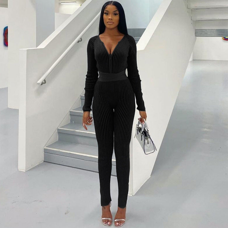 Fall Women Clothing Sexy Thread Tied High Waist Trousers Casual Tight Jumpsuit