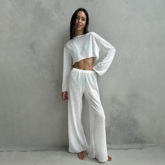 Autumn White Knitted Fabric round Neck Long Sleeved Trousers Pajamas Two Piece Loose Comfortable Ladies Homewear