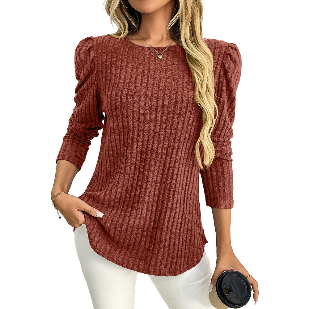 Arrival Women round Neck Puff Sleeve Brushed Sunken Stripe Solid Color Upper Clothes Long Sleeves T shirt