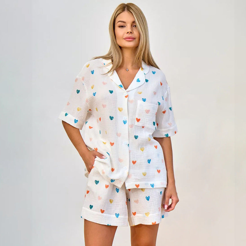Summer Layer Crepe Heart Printing Pajamas Two Piece Cardigan Half Sleeve Shorts Women Homewear