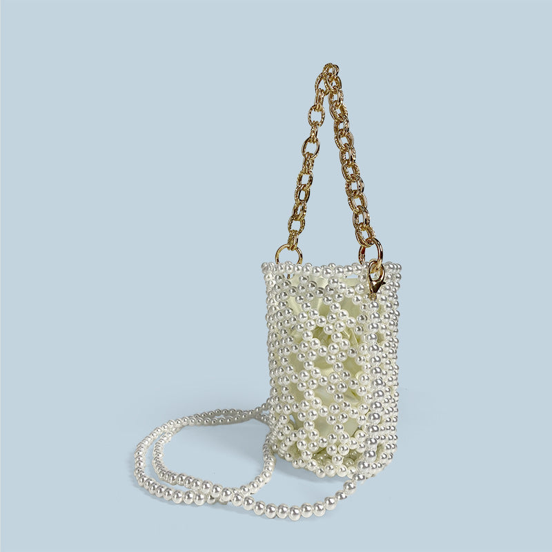 Chinese Beaded Hand Woven Pearl Cocktail Vegetable Basket Hollow Out Cutout Bucket Chain Underarm Messenger Bag