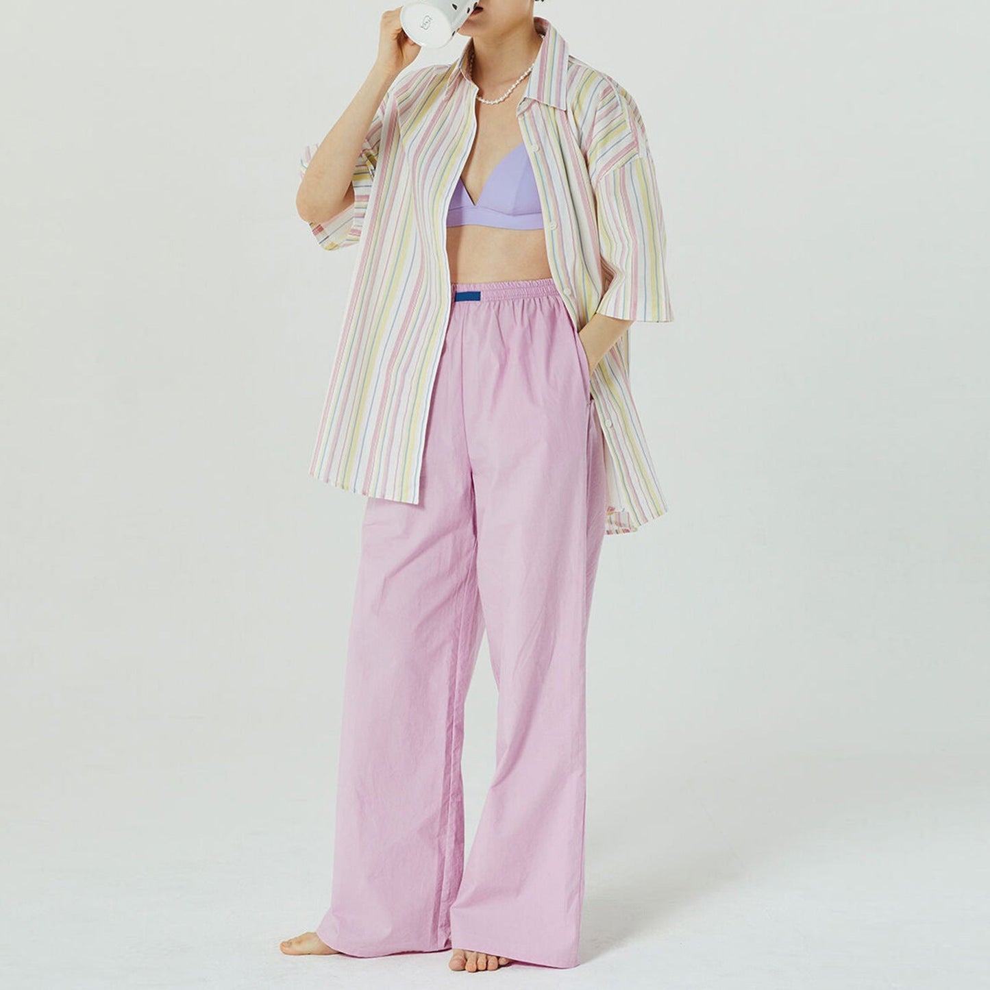 Women Clothing Striped Wide Leg Trousers Casual Street Loose High Waist Trousers