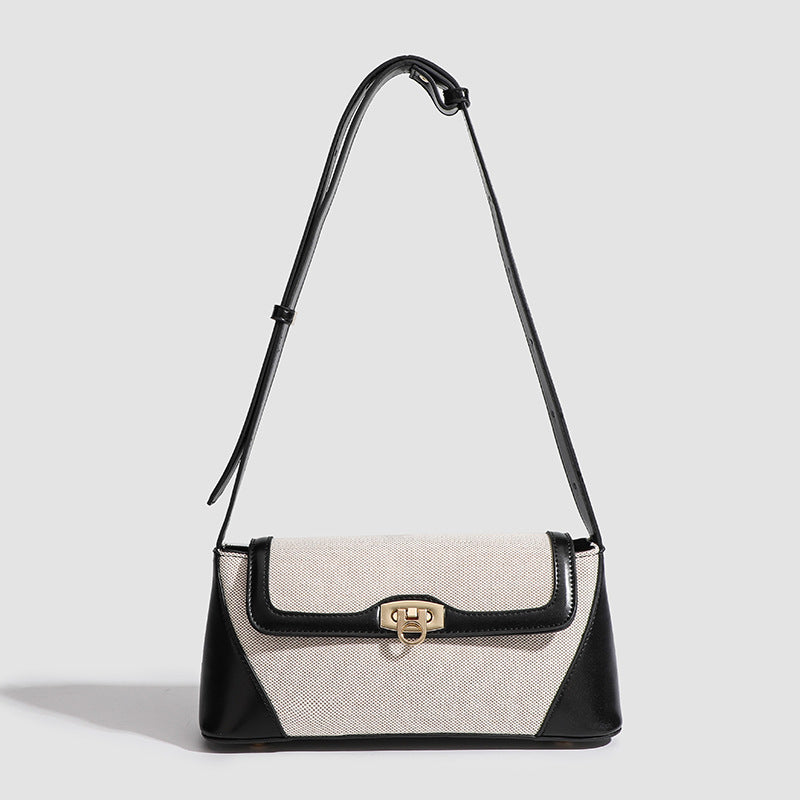 Small shoulder bag, design retro contrasting French underarm bag, versatile canvas portable shoulder bag, Crossbody baguette bag