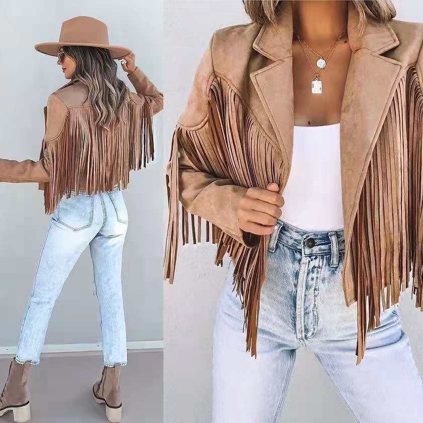 Women Clothing Autumn Slim Top Long Sleeve Printed Tassel Coat Women