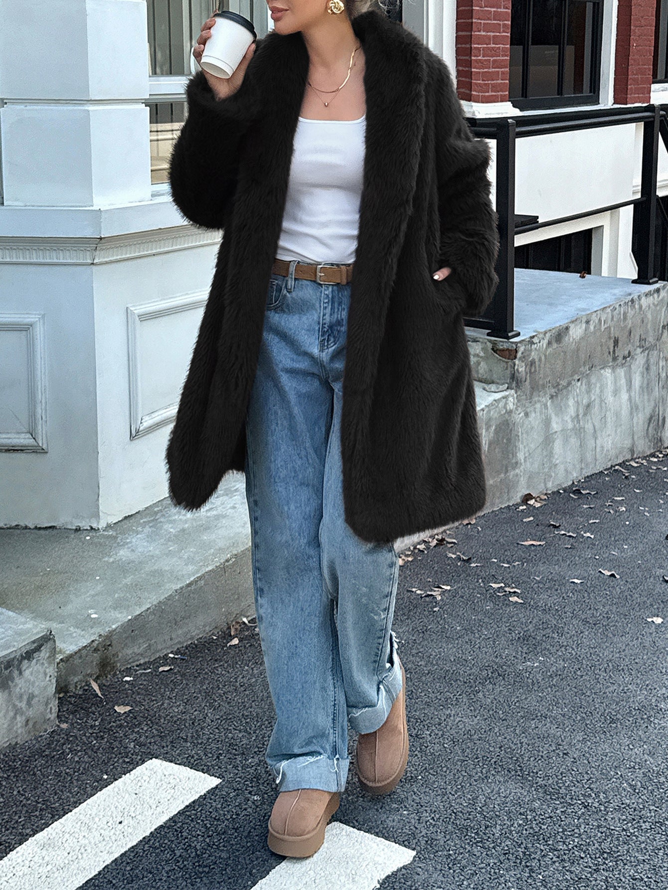 Women Clothing Autumn Winter Elegant Plush Long Sleeved Overcoat Coat