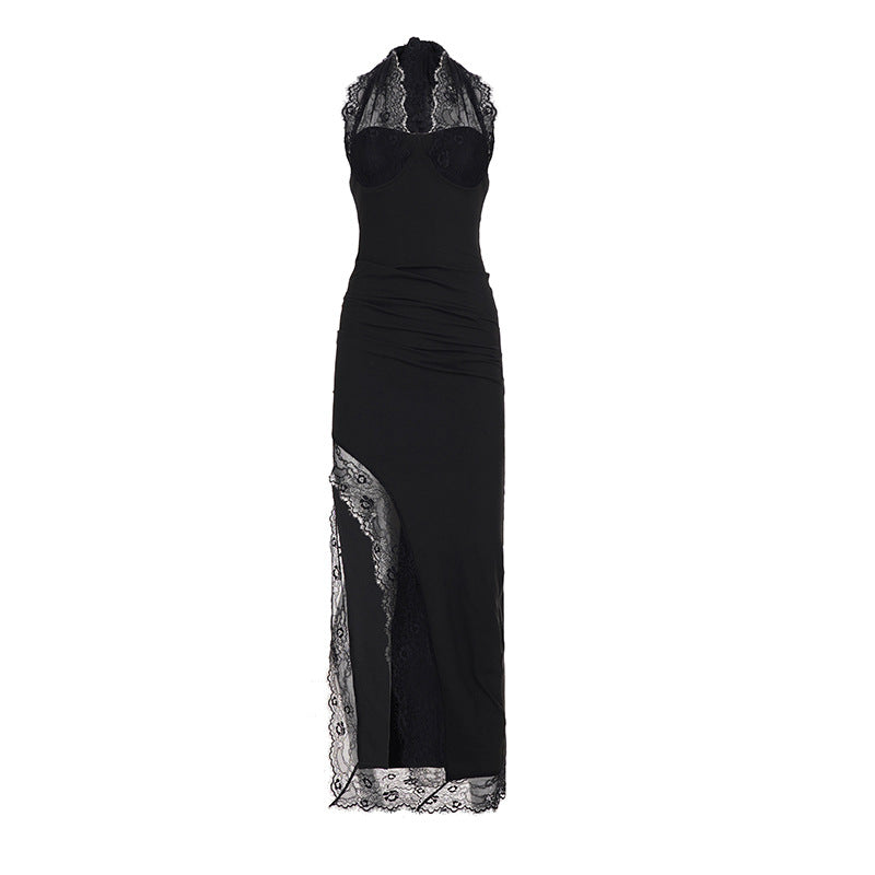 Elegance Black Lace Stitching Chest Halter Dress Sexy High Split Dinner Dress Women
