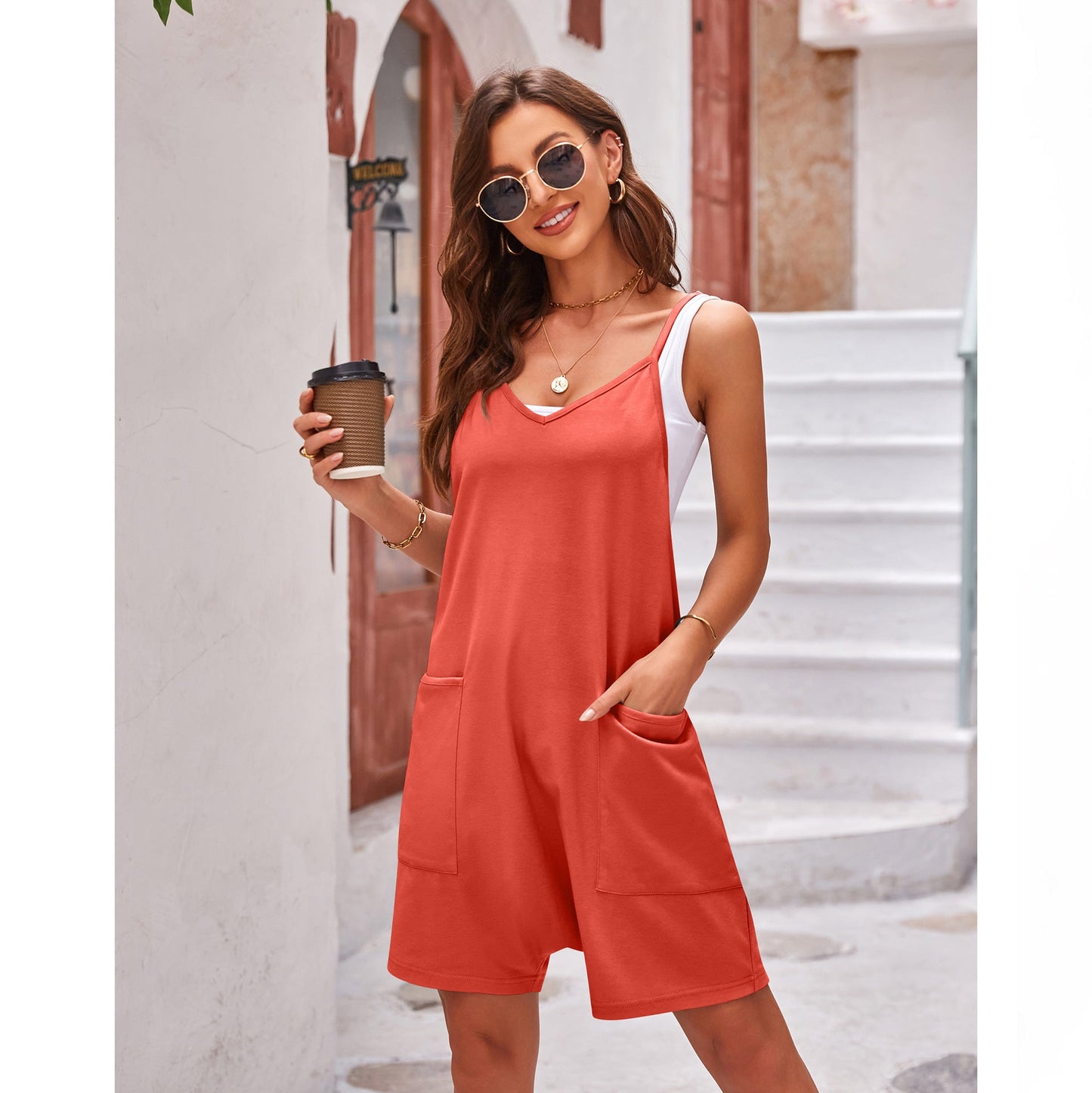 Women Clothing Summer Casual Pocket Spaghetti Straps Knitted Shorts Jumpsuit Suspender Pants Women