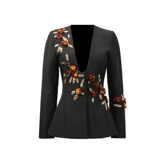 Elegant Heavy Industry Blazer for Women Summer Elegant Floral Stitching Design Long Sleeve