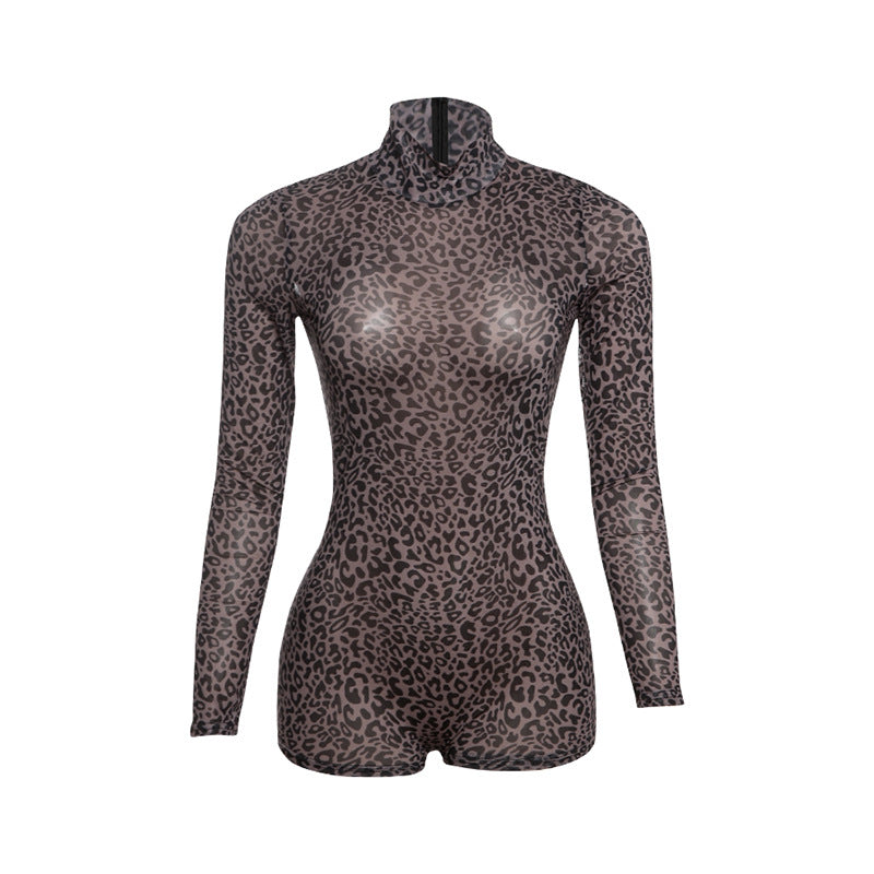 Summer Women Clothes Sexy Half Turtleneck Leopard Print Slim Slimming Sheath Jumpsuit