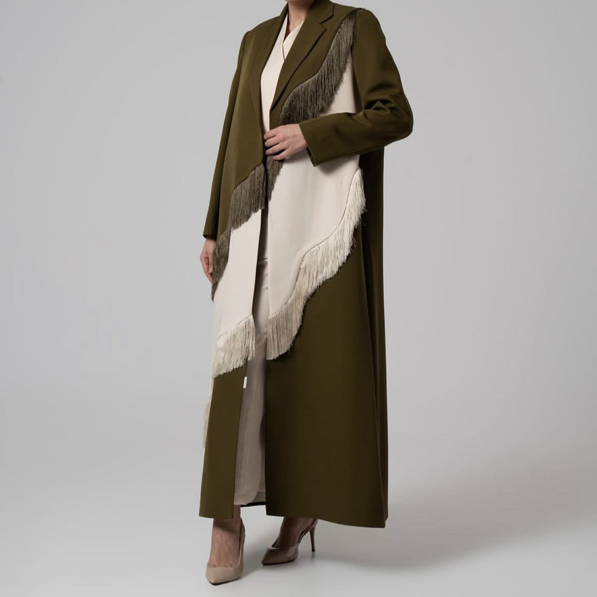 Early Autumn Heavy Industry Tassel Stitching Personality Cutting Long Overcoat Outerwear Women