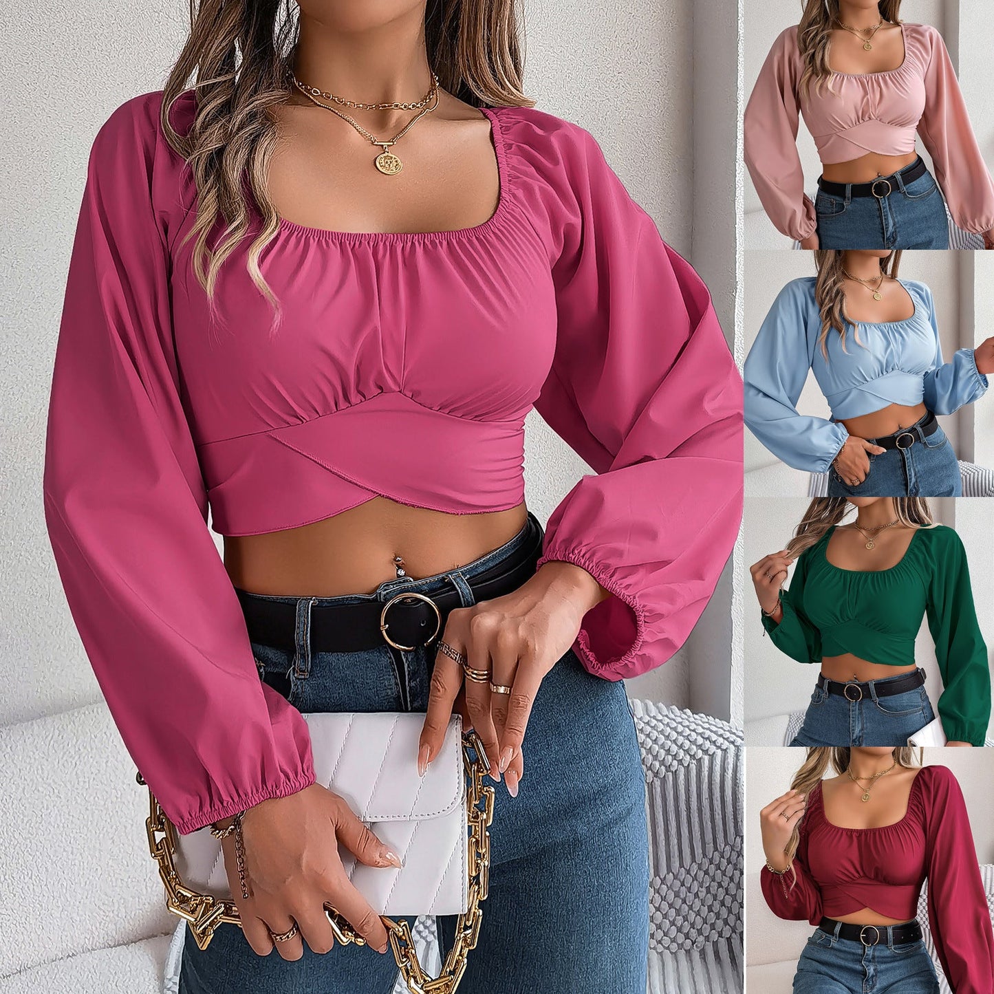Spring Summer Casual Lantern Sleeve Lace up Waist Chiffon Shirt Cropped Top Women Clothing