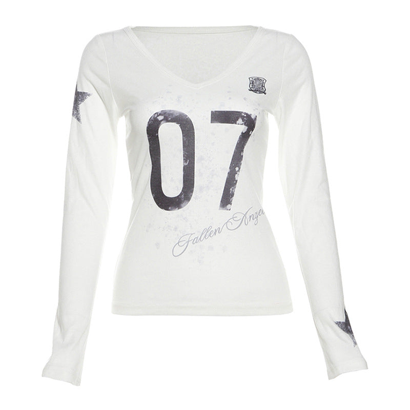 Autumn Sexy See through Slim Fit V neck Printed Long Sleeved T shirt Top Women Clothing