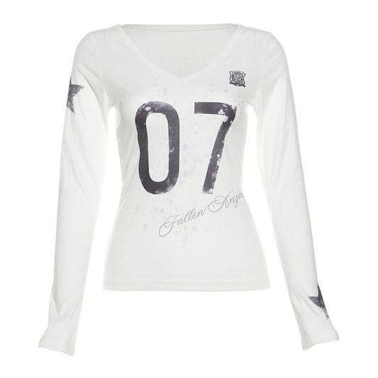 Autumn Sexy See through Slim Fit V neck Printed Long Sleeved T shirt Top Women Clothing