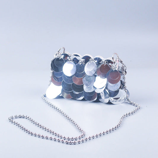 Handmade Women Woven Bag Mobile Phone Bag Chain Glitter Bling Shoulder Messenger Bag Small Bag