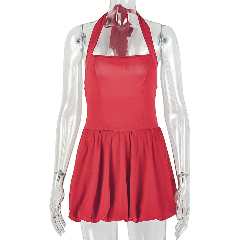 Solid Color Women Backless Summer A line Dress off Neck Halter Sleeveless Pleated Dress