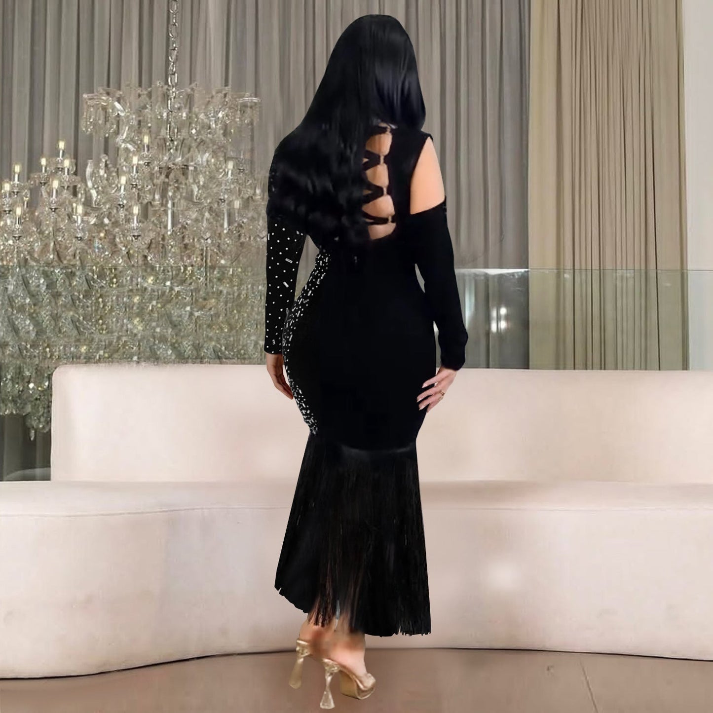 Women Wear Sexy Bag Arm Long Sleeve Rhinestone Tassel Dress