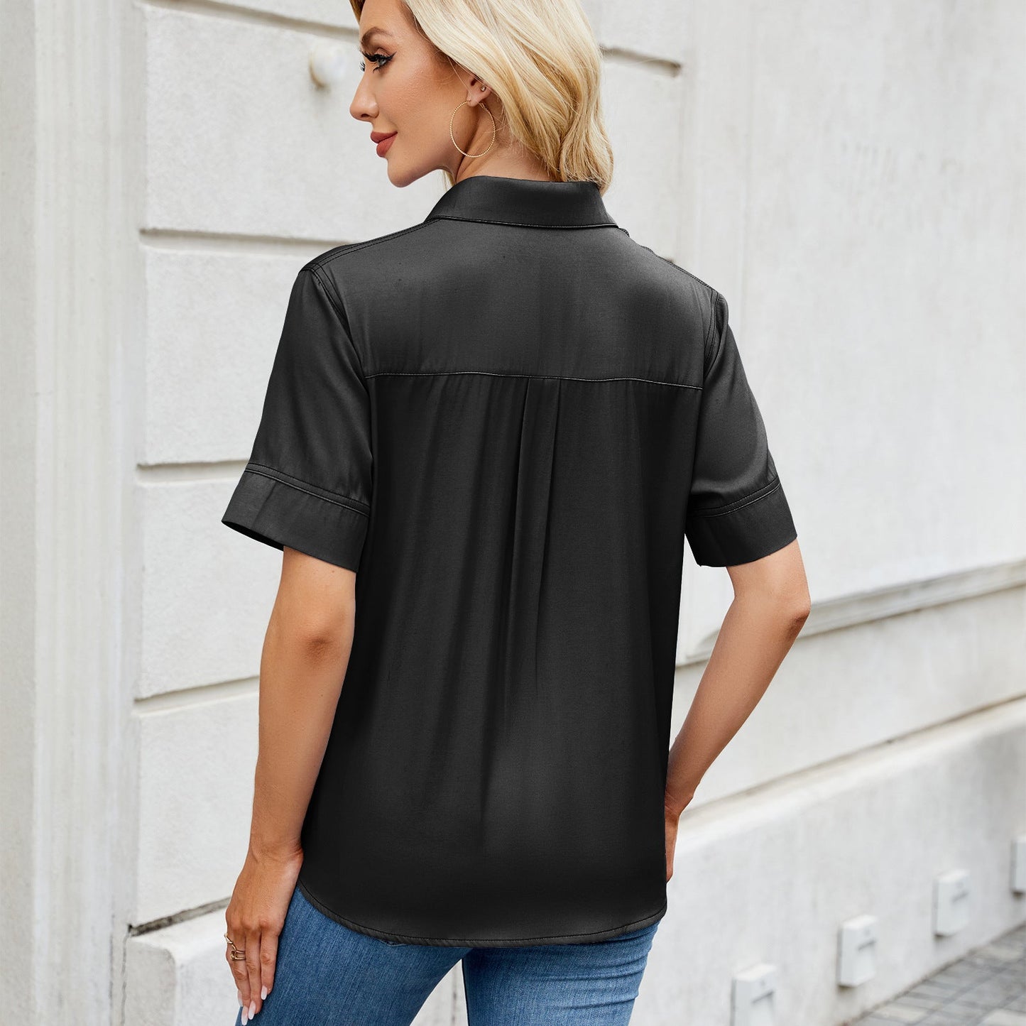 Women Clothing Spring Summer One Breasted Imitation Denim Short Sleeve Loose Shirt