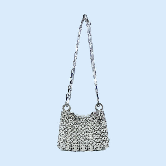 Silver Shiny Bag Hand Woven Sequin Sequin Bag Mobile Phone Bag Long Shoulder Strap Shoulder Messenger Bag for Women