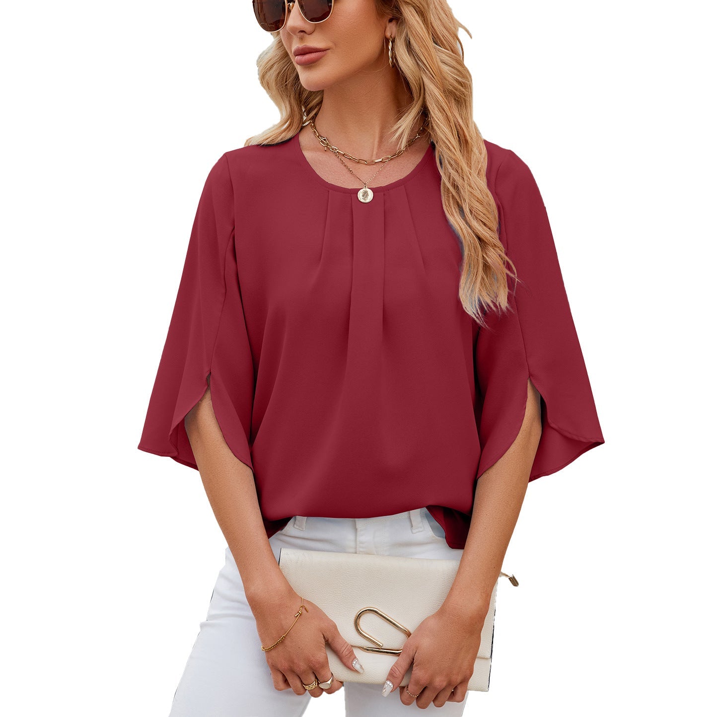 Solid Color round Neck Half Sleeve Short Sleeve Loose Chiffon Shirt Top for Women