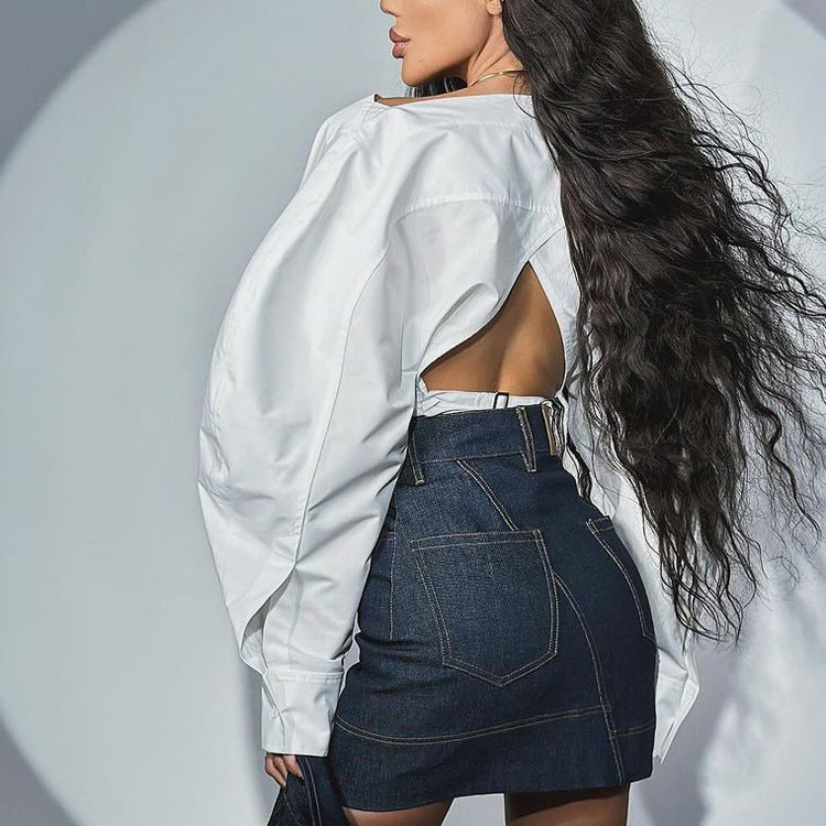 Cotton White Shirt Women Niche Cross Design Long Sleeve Fitted Waist Backless Cardigan off Neck Shirt