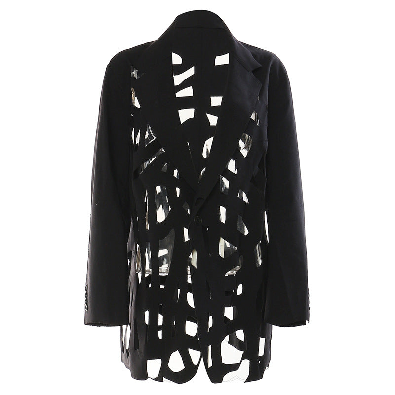 Mid Length Fashionable Simple Hollow Out Cutout Out Burr Design Blazer