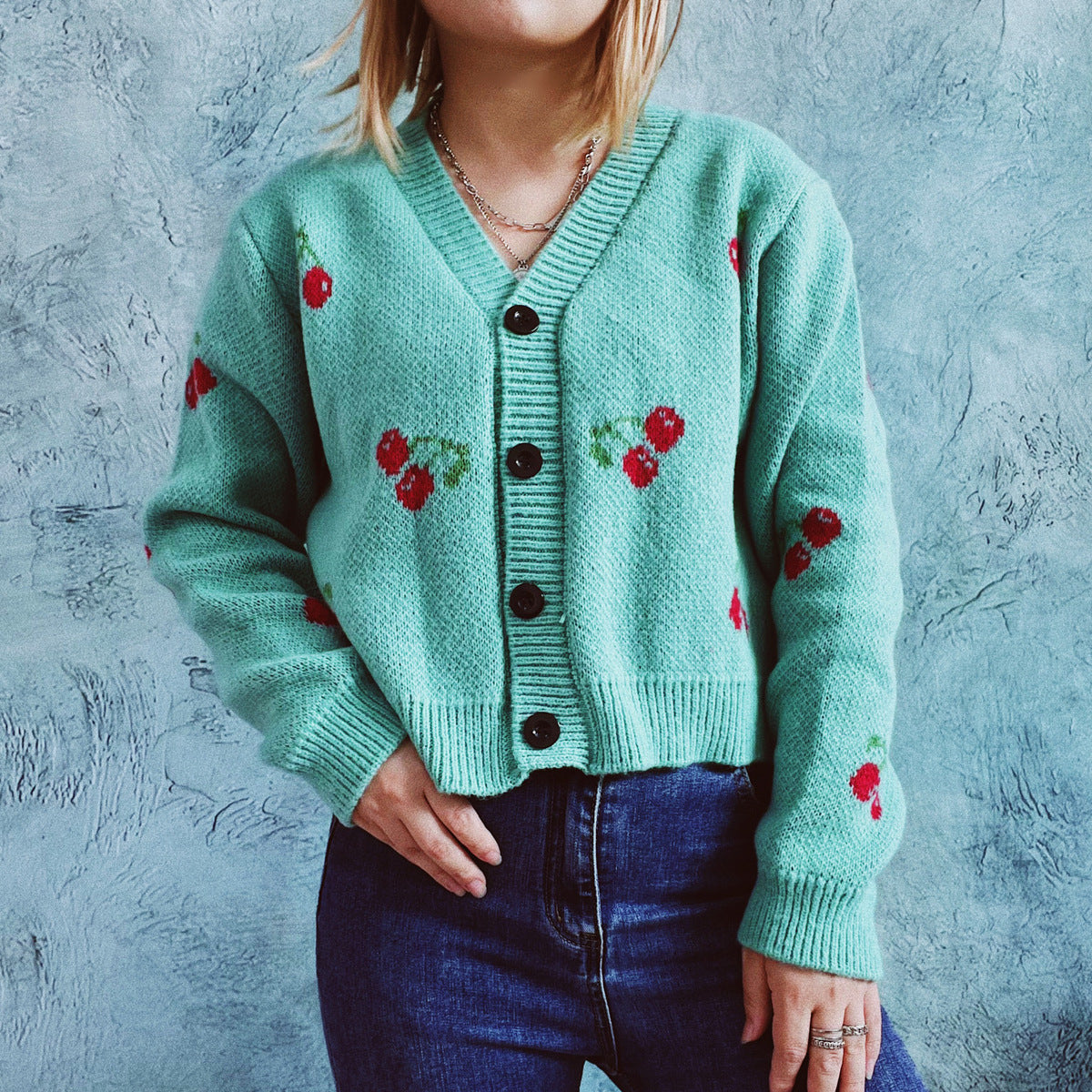 Autumn Winter Small Coat Single-Breasted Long Sleeve Short Sweater Cardigan for Women Sweet Cute Cherry Pattern