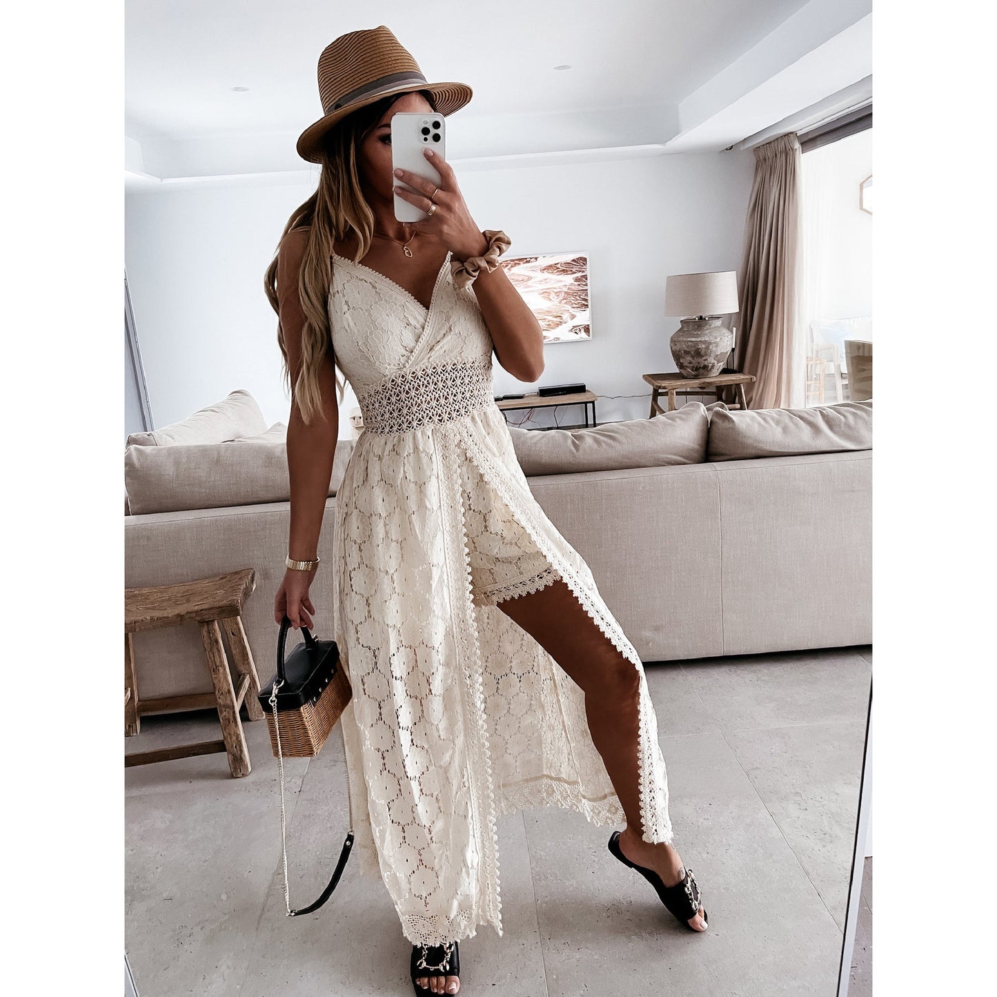 Sexy Strap Stitching Casual Jumpsuit Home Vacation Hollow Out Cutout Jumpsuit
