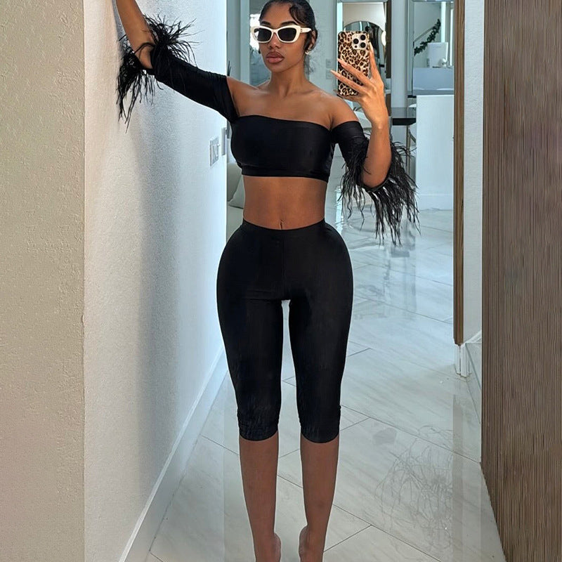 Spring Women Sexy off Shoulder Tube Top Slim Sheath Fifth Pants Set