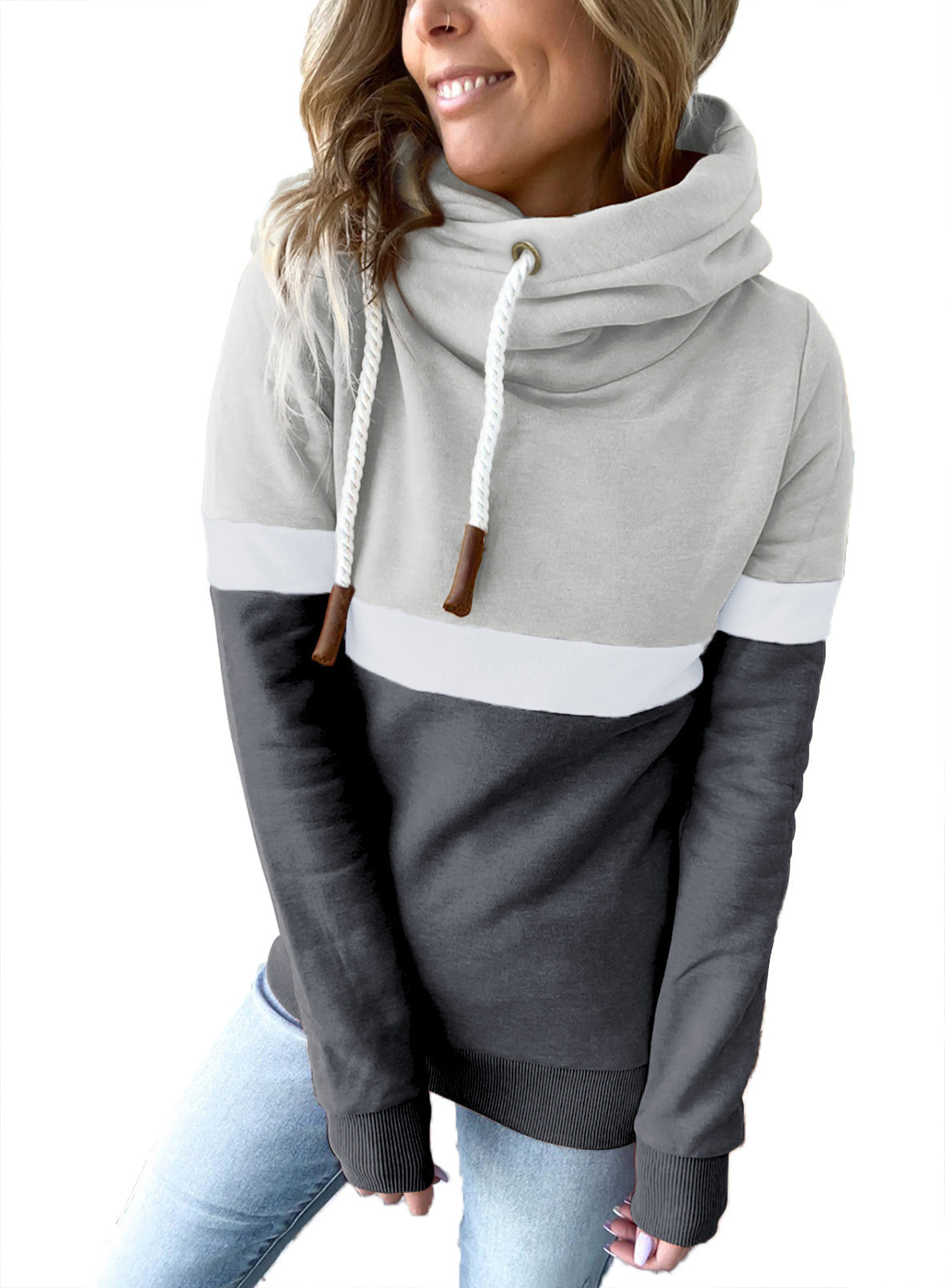 Women Sweatshirt Autumn Winter Solid Color Stitching Casual Pullover Hooded Sweatshirt for Women