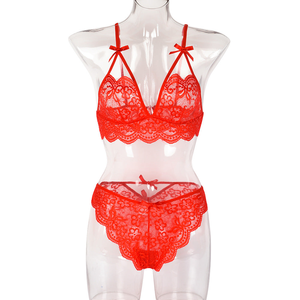 Sexy Two Piece Set Autumn Lace Splicing Tape Bow Sexy Lingerie Set