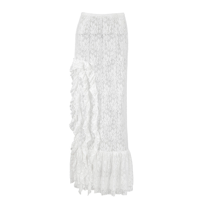 Women Commuting Wear Summer Side Slit Sexy Ruffles Atmosphere Lace See through Skirt
