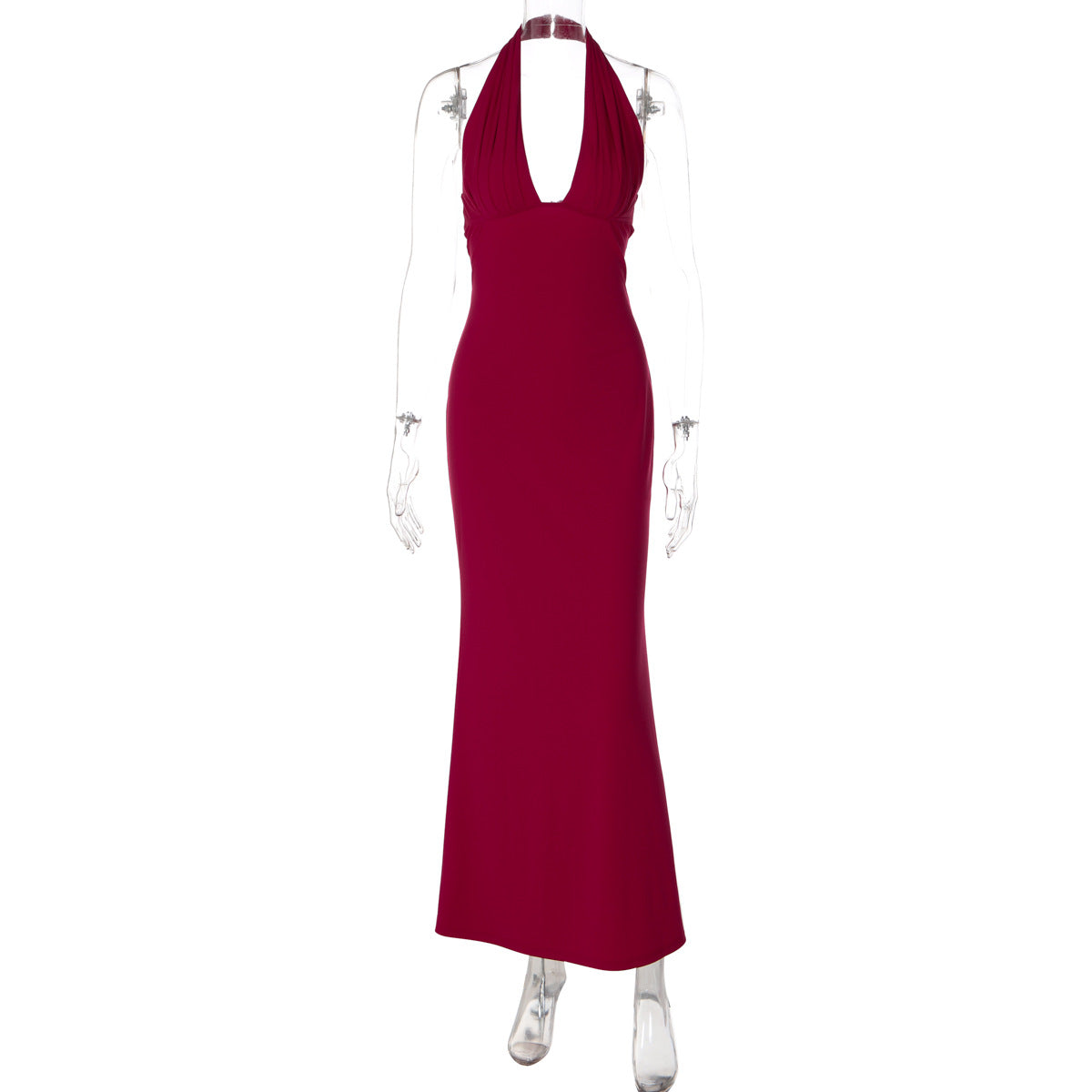 Slim Fit Solid Color Back Strap Design Sleeveless Long Sheath Halter Dress Women
