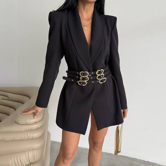 Fashionable Blazer Women Autumn Office Belt Slim Design Solid Color Small Blazers