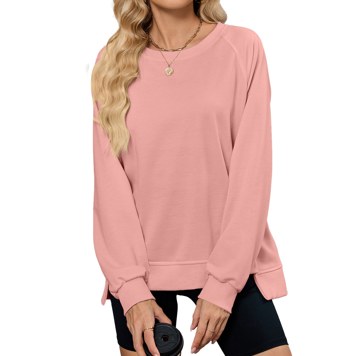 Autumn Winter Solid Color Thread round Neck Long Sleeve Loose Sweatshirt Women Top