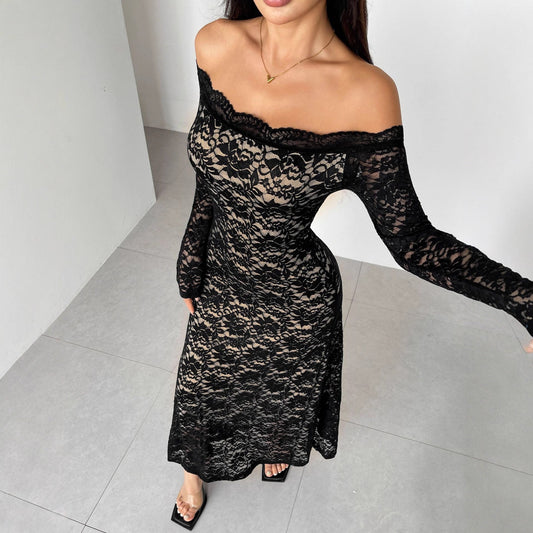 Autumn Winter Long Sleeve Lace off Neck Slim Slimming Maxi Dress Women