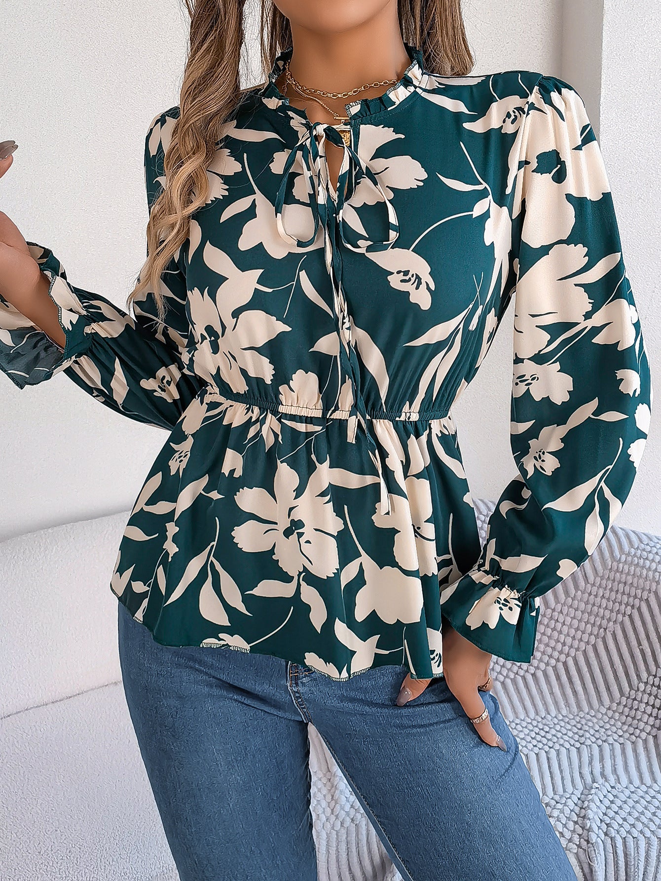Real Shot Spring Summer Casual Floral Lace up Long Sleeve Chiffon Shirt Top Women Clothing