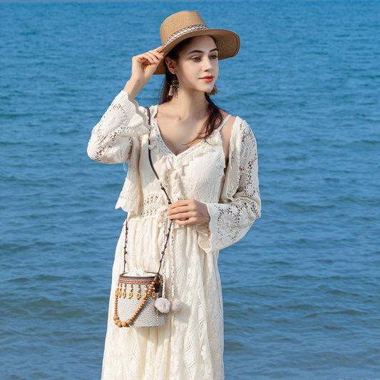 Bohemian small straw bag, seaside vacation mini bucket bag, leisure travel shoulder bag, small woven bag women hobo