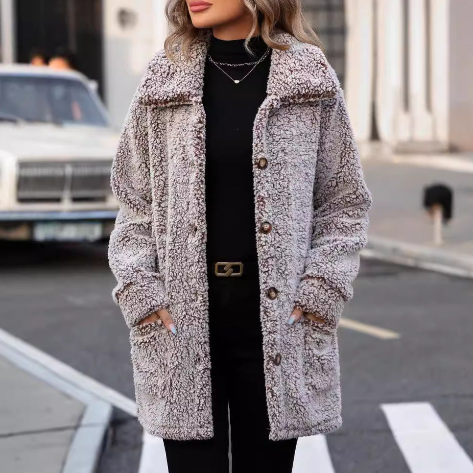 Autumn Winter Women Clothing Casual Loose Lapels Single Breasted Mid Length Cardigan Coat