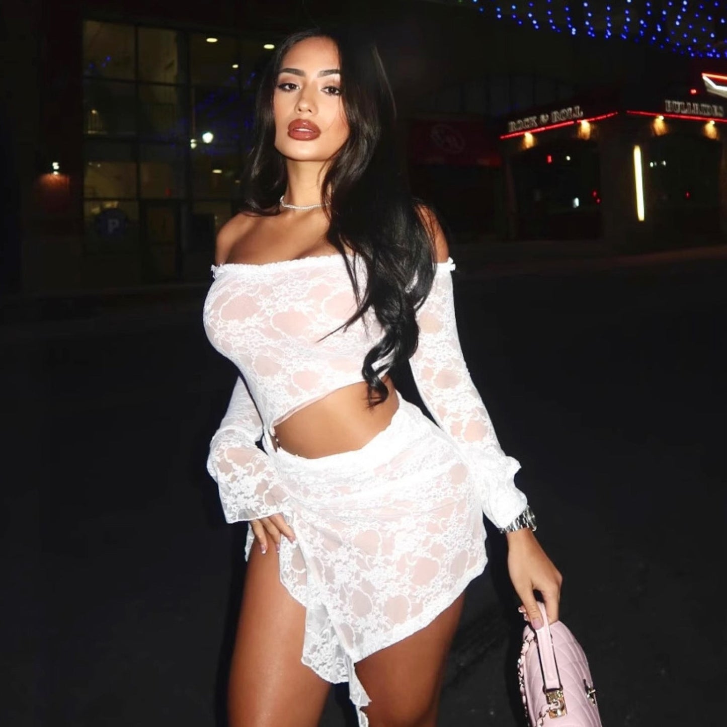 Autumn Winter Long Sleeves Cropped Lace Sexy off the Shoulder Dress Women Clothing
