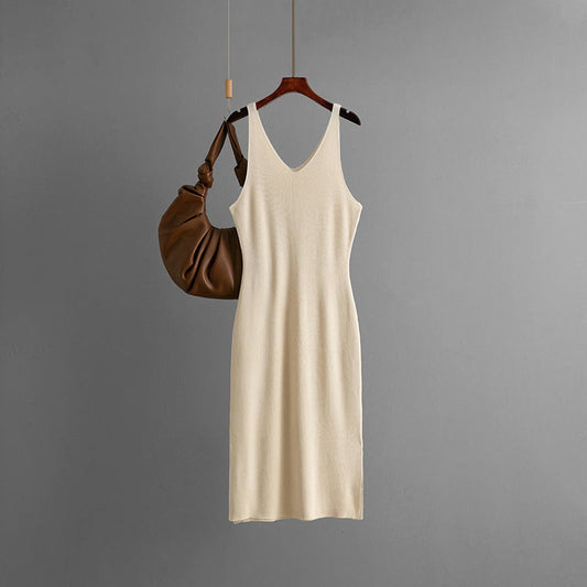 Women Clothing Summer Thin with Shoulder Straps Dress V neck Sleeveless Vest Dress Slit Hemline at Hem Underwear Knitted Dress