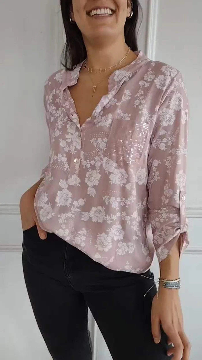 Spring Loose Casual Long Sleeves Printed Sequined Pocket Shirt