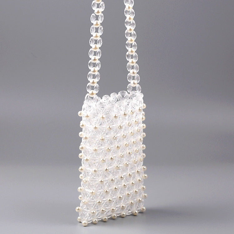 Hand Woven Transparent Acrylic Crystal String Beads Ladies Phone Bag DIY Casual Clothing Matching Messenger Bag